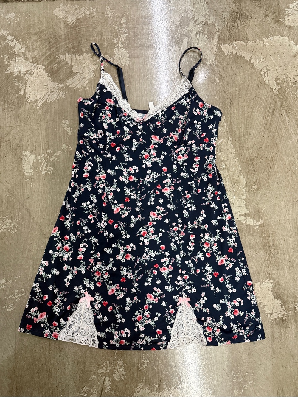 Laura Ashley Floral Lace Trim Nightgown Slip Dress Navy Cottagecore Y2K SKU 0024